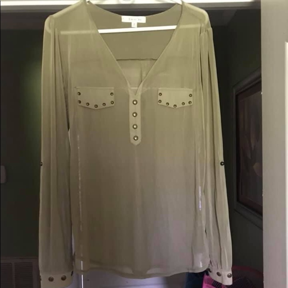 Very cute olive colored sheer blouse.